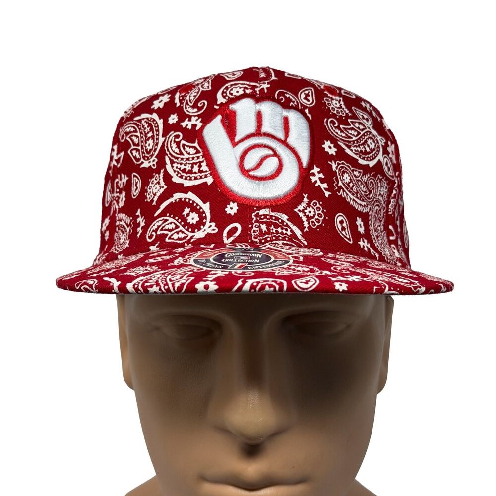 RARE Milwaukee Brewers Hat Cooperstown Snapback Paisley All Over Red 7 3/8 MLB